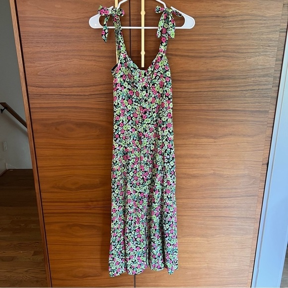 NWT ZARA Floral Print Button Front Midi Dress XS Green Pink Black - Picture 7 of 11